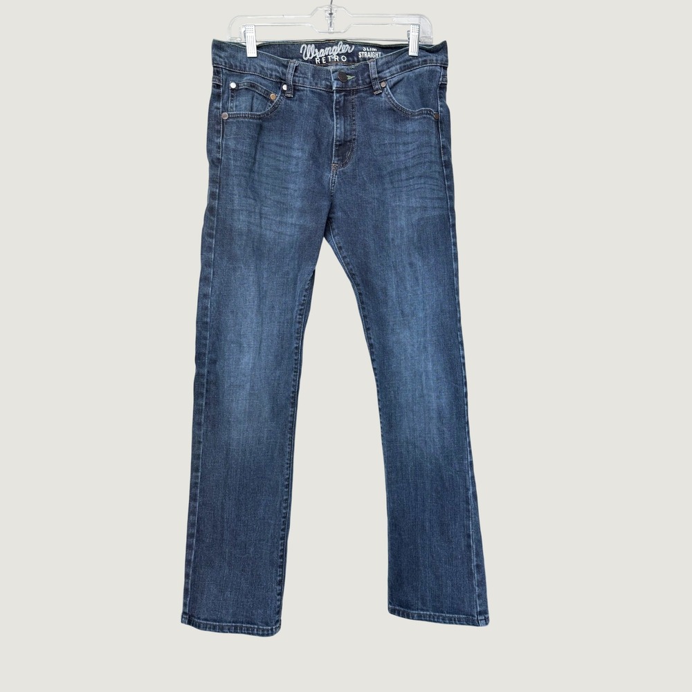 Wrangler Mens Retro Slim Straight Jeans Dark Denim Western Casual Office 32x33